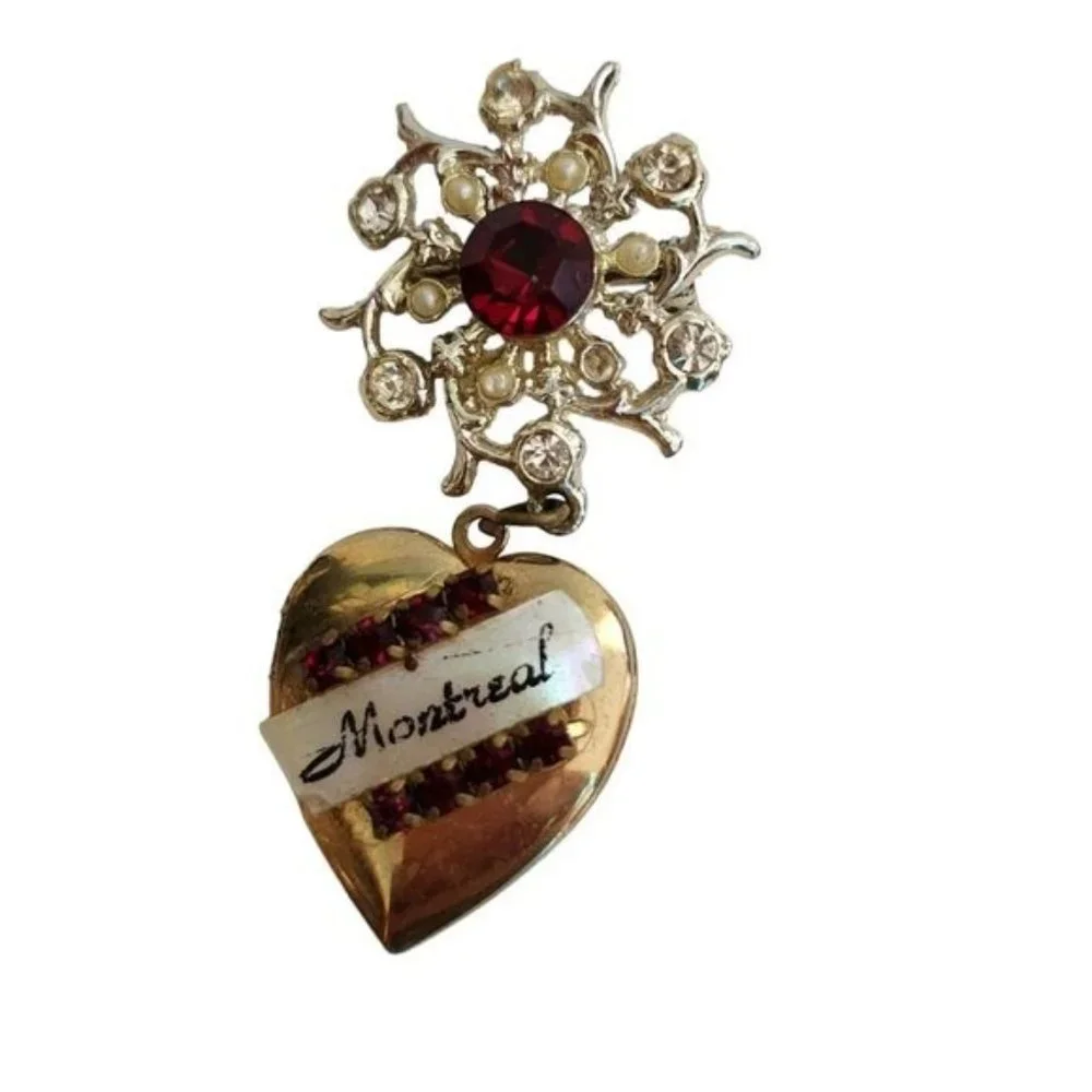 Vintage Montreal‎ Canada Jewelry Brooch Heart Locket Pin Brooch Red Clear Dangle